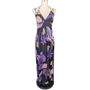 Y2K Floral Halter Maxi Dress Purple Black Fairycore Boho 2000s Glam